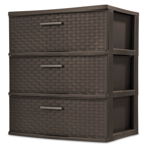 Sterilite 3 Drawer Wide Weave Tower, Plastic Dcor Drawers with Pull Handles, Brown