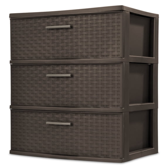 Sterilite 3 Drawer Wide Weave Tower, Plastic Décor Drawers with Pull Handles, Brown