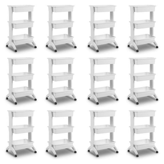 Sterilite 3 Tier Utility Rolling Organization Cart Storage Bins, 12 Pack
