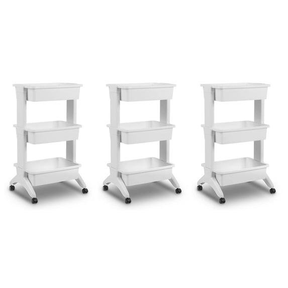 Sterilite 3 Tier Utility Rolling Organization Cart Storage Bins, 3 Pack