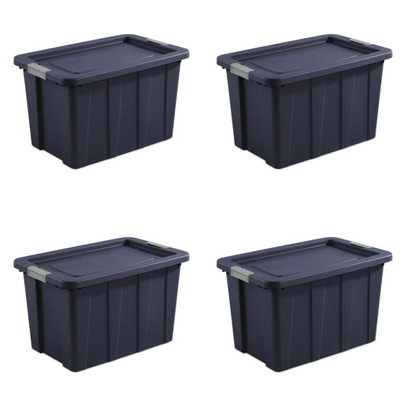 Sterilite 30 Gallon Latching Tuff1 Tote, Rugged Plastic Bin with Lid, Dark Blue, 4 Count