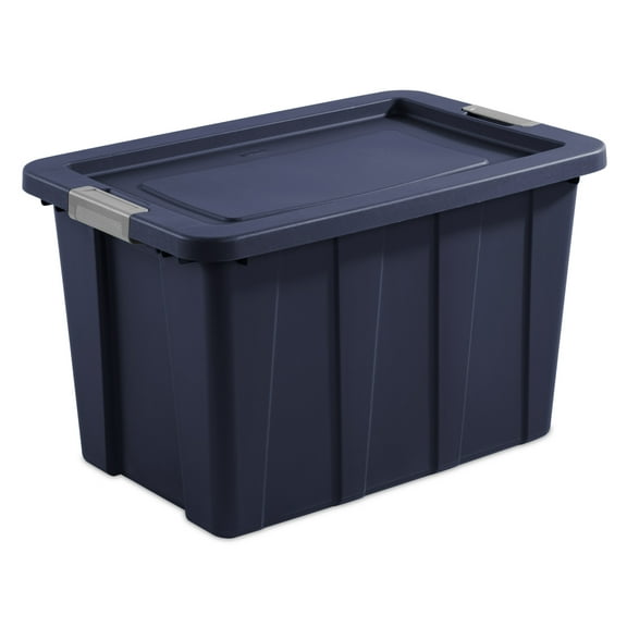 Sterilite 30 Gallon Latching Tuff1 Tote, Rugged Plastic Bin with Lid, Dark Blue