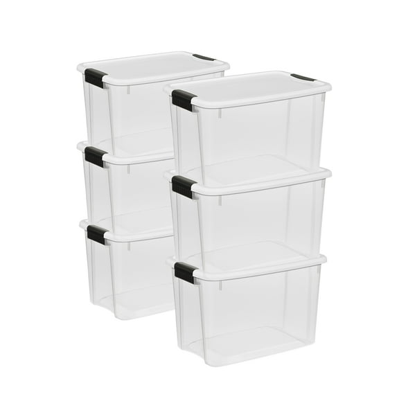 Sterilite 30 Qt Clear Plastic Stackable Storage Bin w/ Latch Lid, White (6 Pack)..