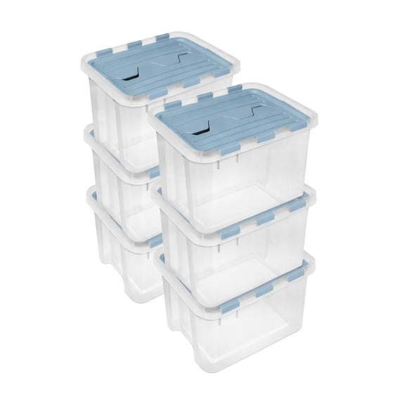 Sterilite 30 Qt Hinged Lid Storage Box, Plastic Container, Washed Blue, 6 Pack