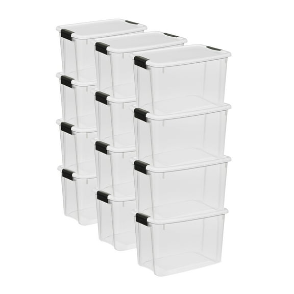 Sterilite 30 Quart Clear Plastic Storage Bin w/White Latch Lid, (12 Pack)