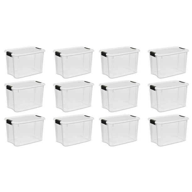 Sterilite 30 Quart Clear Plastic Storage Bin w/White Latch Lid, (12