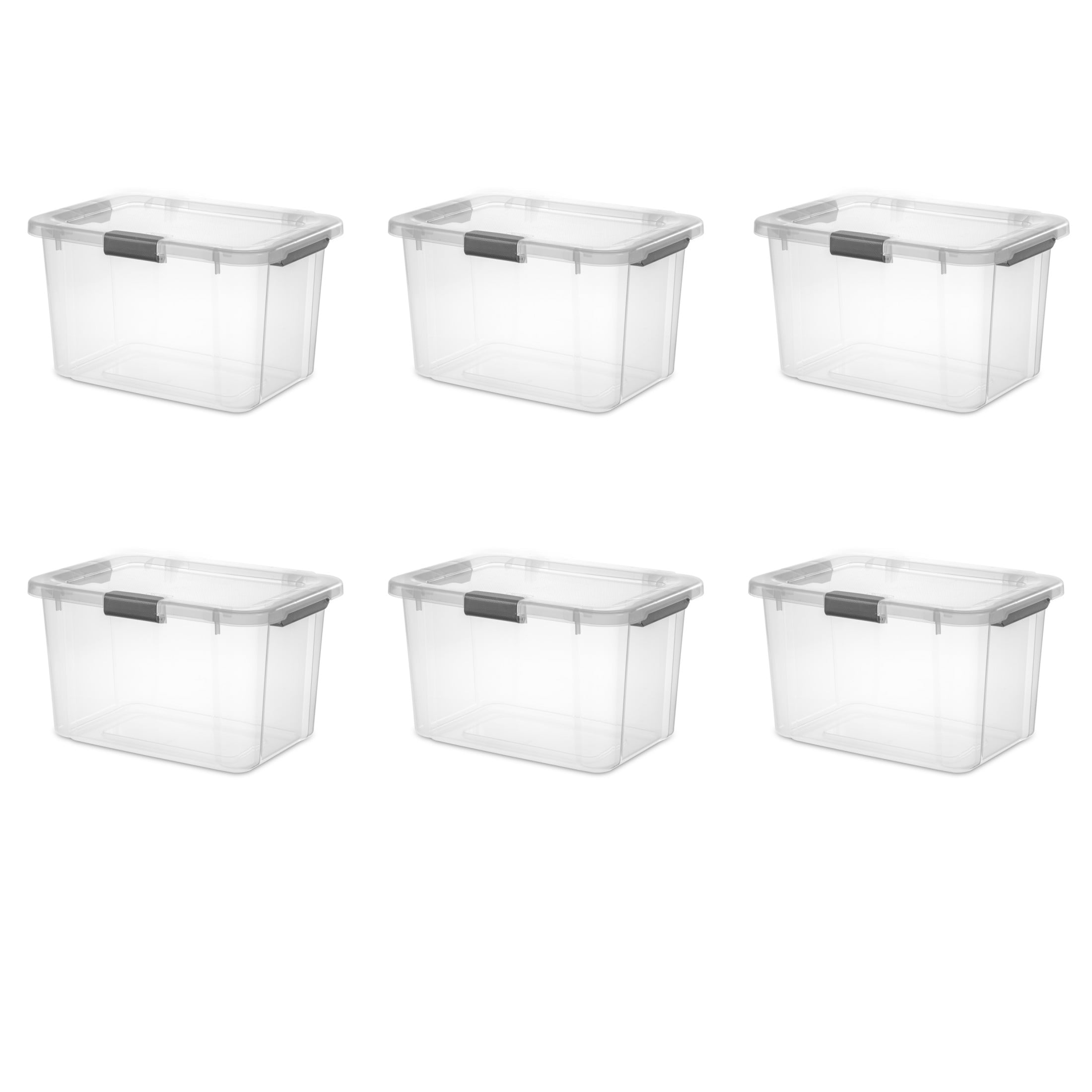 Sterilite 30 Quart HingeLID Clear Storage Bin with Latch Lid and Comfort Grip, Dark Gray, 6 Pack