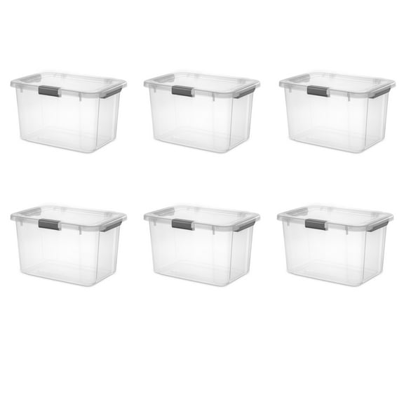 Sterilite HingeLID Storage Bin, 30 Quart Clear Plastic Storage Container with Latch Lid and Comfort Grip, Dark Gray, 6 Pack