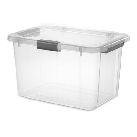 Sterilite 30 Quart HingeLID Storage Box, Clear Bin, Latch Lid, Comfort Grip, Dk Gray