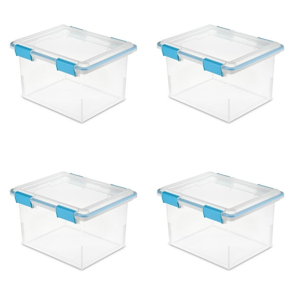 Sterilite 32 Quart Gasket Box, Weather-Resistant Clear Storage Bin with Lid, Blue, 4 Count
