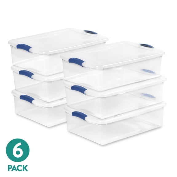 Sterilite Latching Storage Bin, 32 Quart Clear Plastic Storage Container with Latch Lid, Blue, 6 Pack