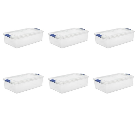 Sterilite Latching Storage Bin, 32 Quart Clear Plastic Storage Container with Latch Lid, Blue, 6 Pack