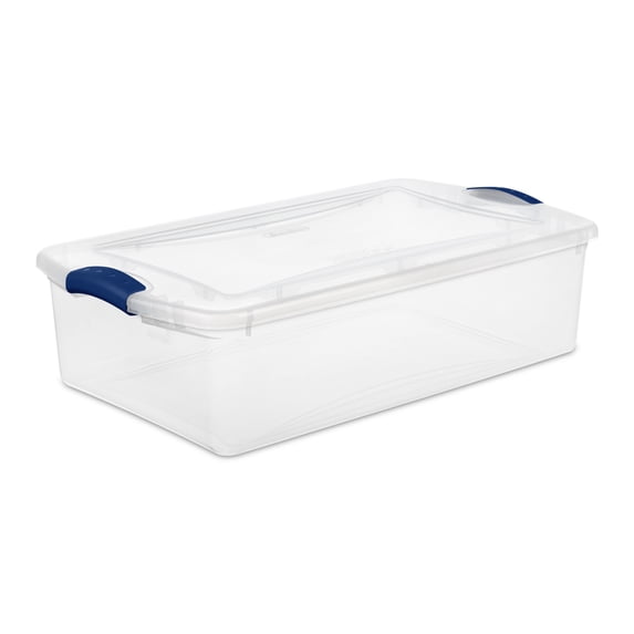 Sterilite 32 Quart Medium Latching Storage Bin, Clear Plastic Storage Container with Latch Lid, Blue