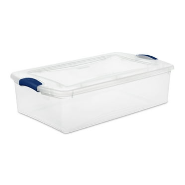 Sterilite Small Storage Bin, 32 Quart Clear Underbed Storage Container with Latch Lid, Blue