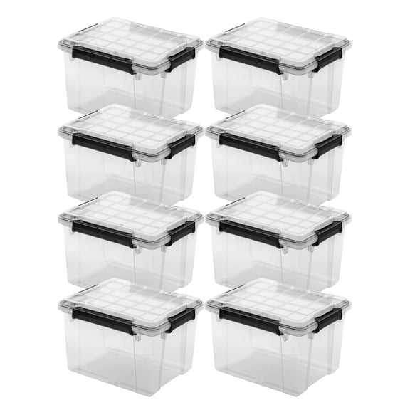 Sterilite 34 Qt Gasket Box, Stackable Plastic Storage Container with Lids, Black, 8 Pack