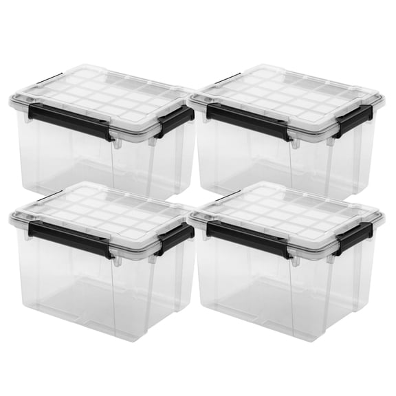 Sterilite 34 Qt Gasket Box, Stackable Storage Container with Lids, Black, 4 Pack