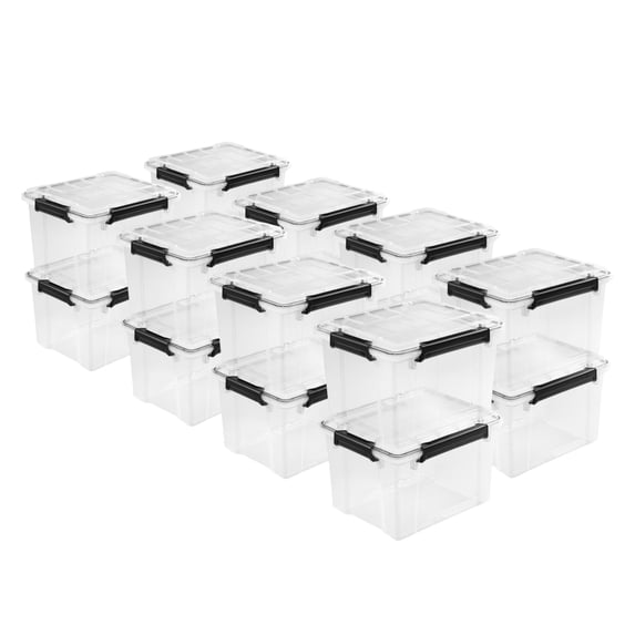 Sterilite 34 Qt Gasket Box, Stackable Plastic Storage Container with Lids, Black, 16 Pack