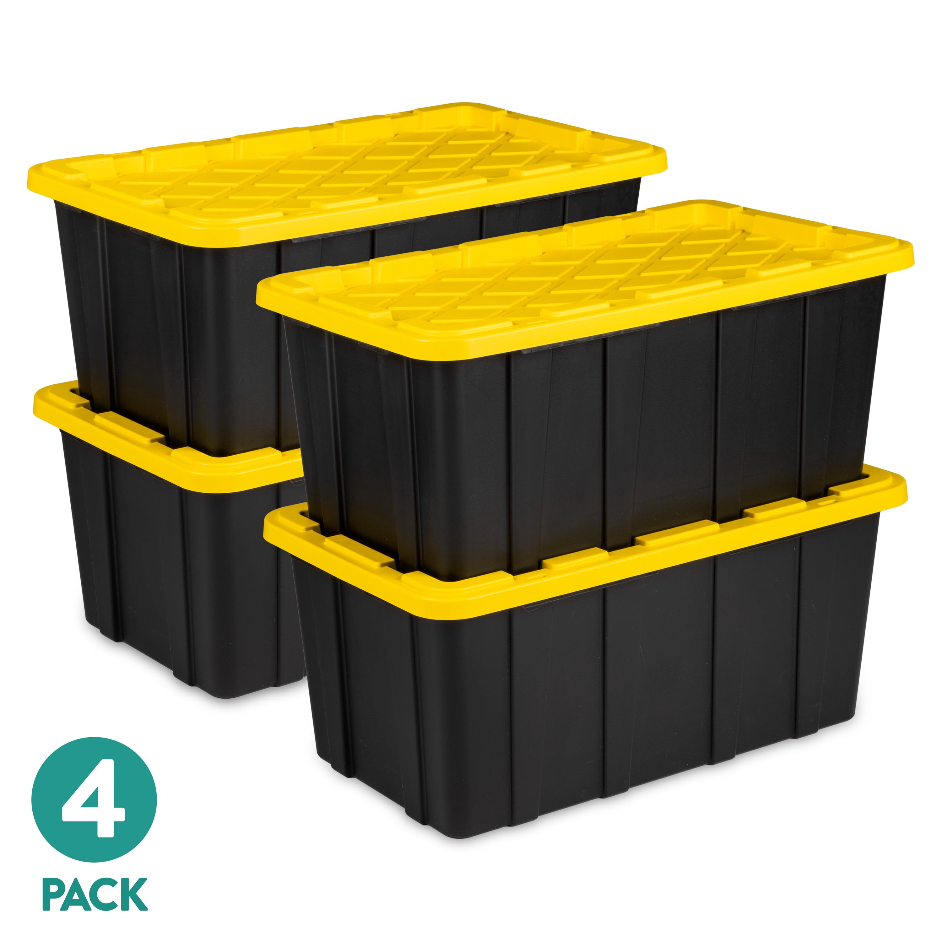 Sterilite 38 Gallon Industrial Tote, Rugged Plastic Storage Bin, Snap-on Lid, Yellow/Black, 4 pack