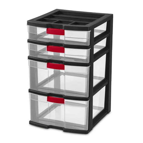 Sterilite 4 Drawer Heavy Duty Locking Tower, Clear Plastic Latch Drawers with Divided Lid, Black