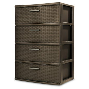 Sterilite Storage Drawer, 4 Drawer Plastic Weave Wide Tower with Pull Handles, Brown