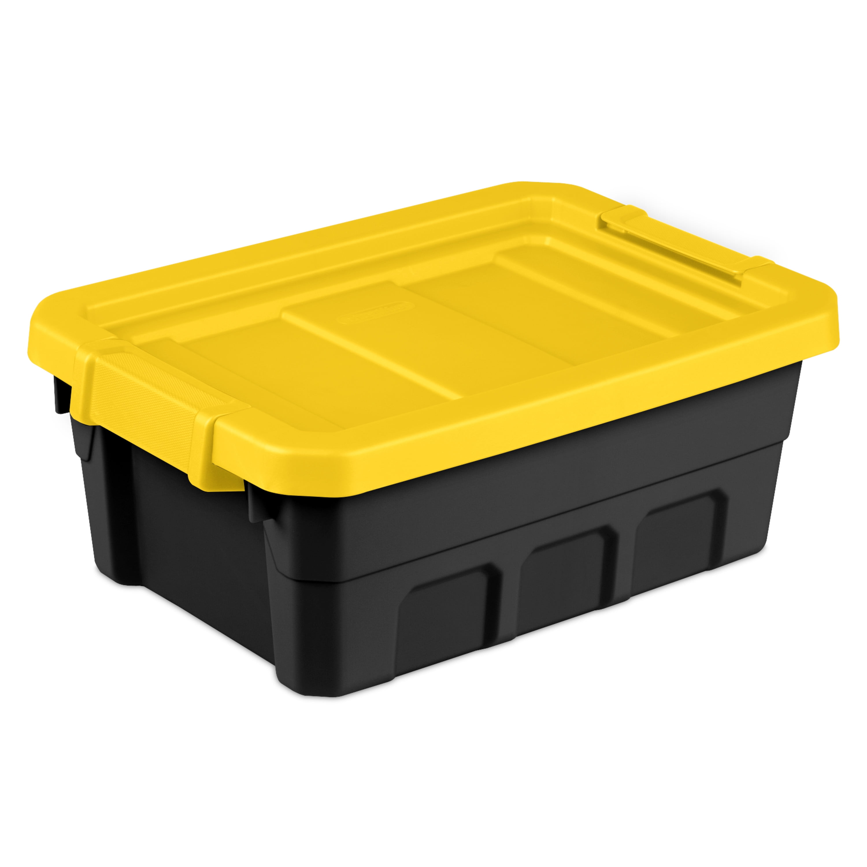 Sterilite 18319Y04 20 Gallon Heavy Duty Plastic Storage Container Box with  Lid and Latches, Yellow/Black (4 Pack)