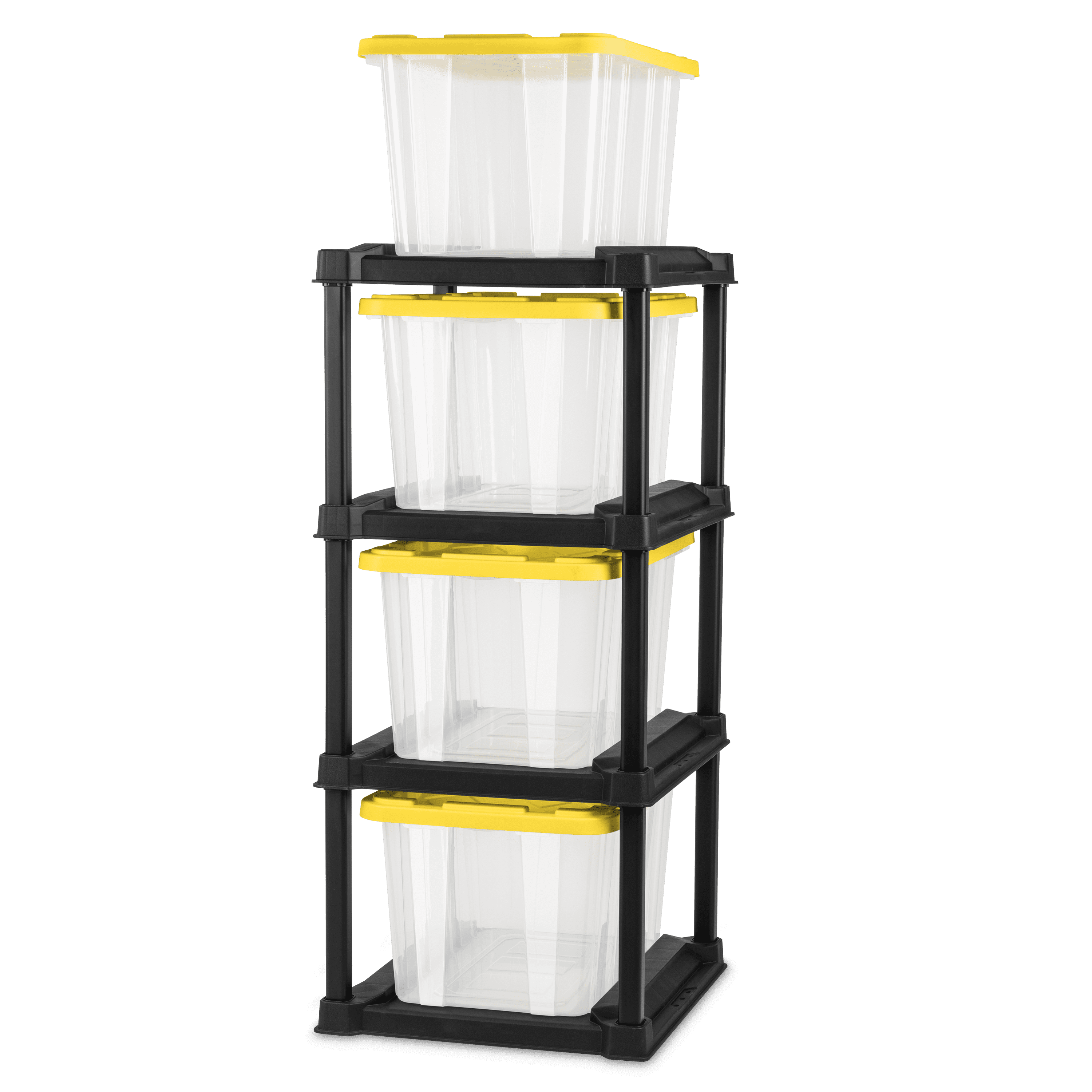 Sterilite 4-Tier Tote Rack with 4 27-Gallon Clear Storage Totes Bundle, Heavy-Duty Garage Organization