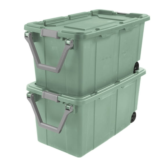 Sterilite Extra Large Wheeled Industrial Storage Bin, 40 Gallon Rugged Plastic Storage Tote with Latch Lid and Pull Handle, Light Green, 2 Pack