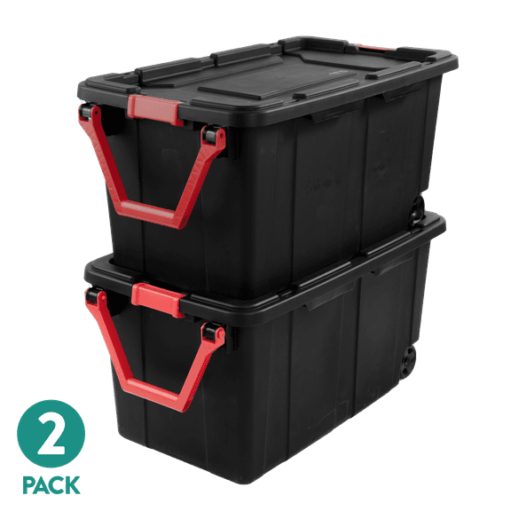 Sterilite Extra Large Storage Bin, 40 Gallon Wheeled Plastic Storage Container with Handle, Black, Pack of 2, Industrial