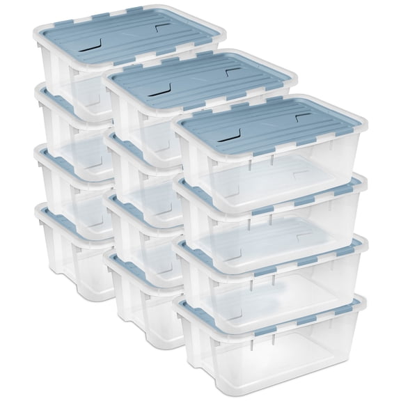 Sterilite 40 Qt Hinged Lid Storage Box, Plastic Container, Washed Blue, 12 Pack