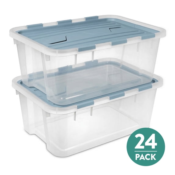 Sterilite 40 Qt Hinged Lid Storage Box, Plastic Container, Washed Blue, 24 Pack