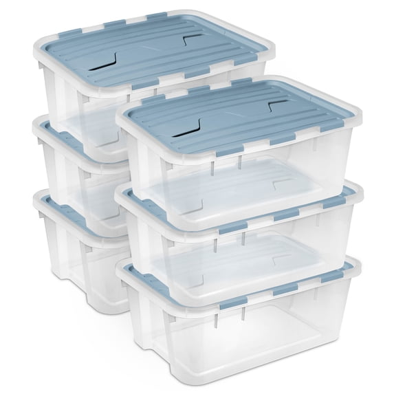 Sterilite 40 Qt Hinged Lid Storage Box, Plastic Container, Washed Blue, 6 Pack