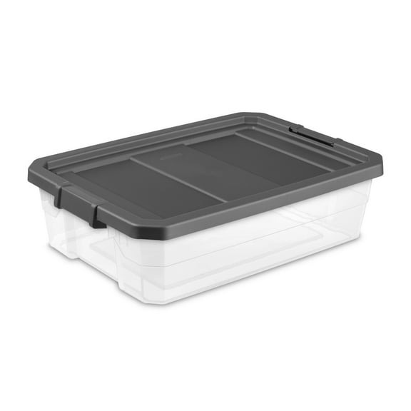 Open Box Sterilite 40 Quart Medium Stackable Storage Bin, Clear Plastic Underbed Storage Container with Latch Lid, Dark Gray