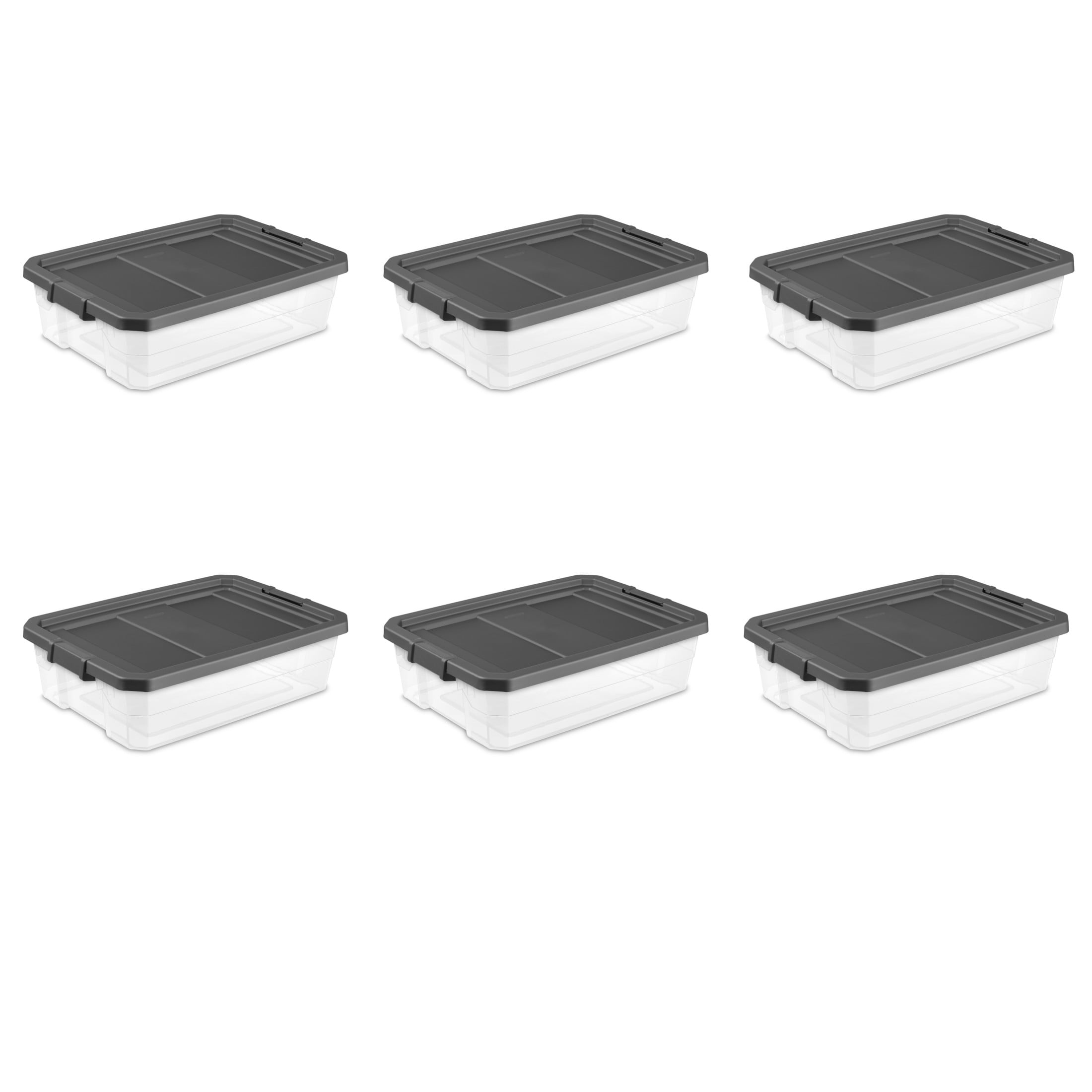 Sterilite Stackable Storage Bin, 40 Quart Durable Clear Plastic Underbed Storage Container with Latch Lid, Dark Gray, 6 Pack