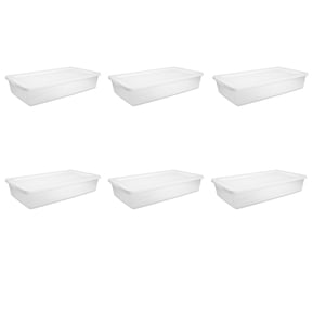 Sterilite Storage Bin, 41 Quart Clear Plastic Underbed Storage Container with Snap-On Lid, White, 6 Pack