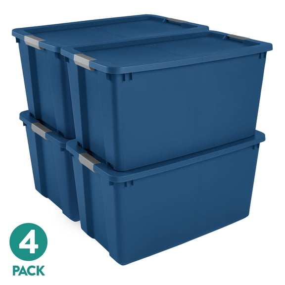 Sterilite Extra-Large Wheeled Latching Storage Tote, 45 Gallon Plastic Storage Bin with Latch Lid and Wheels, Blue, 4 Count