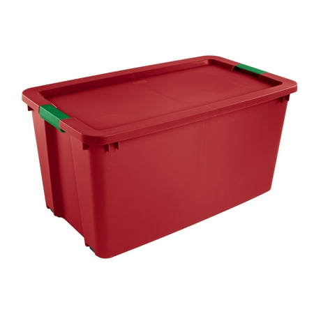 Sterilite 45 Gallon Wheeled Latch Tote, Extra Large Plastic Christmas Storage Bin with Lid, Ideal for Bulky Holiday Items and Outdoor Décor, Red