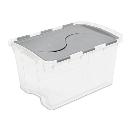 Sterilite Hinged Lid Storage Bin, 48 Quart Clear Plastic Storage Container with FlipLid, Gray