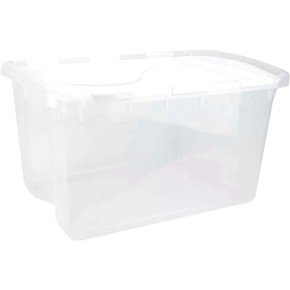 Sterilite 48 Quart Multipurpose Clear Base Storage Box Tote Containers with Reliable Hinged Lid for Home Organization, 24 Pack