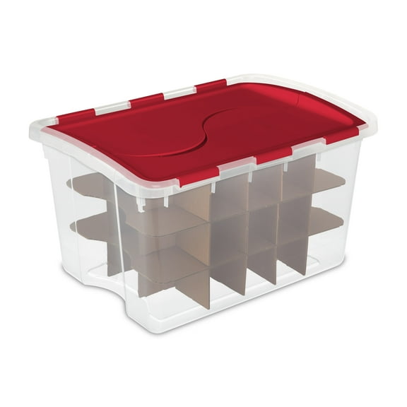 Sterilite 48 Quart Plastic Hinged Lid Christmas Ornament Storage Container, Red
