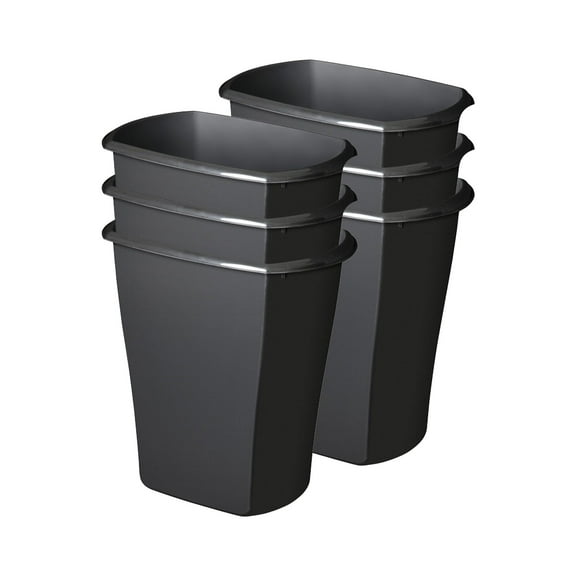 Sterilite 5.5 Gallon Rectangular Wastebasket, Open-top, Medium Sized Trash Can for the Bathroom, Bedroom, or Office, Black, 6-Pack