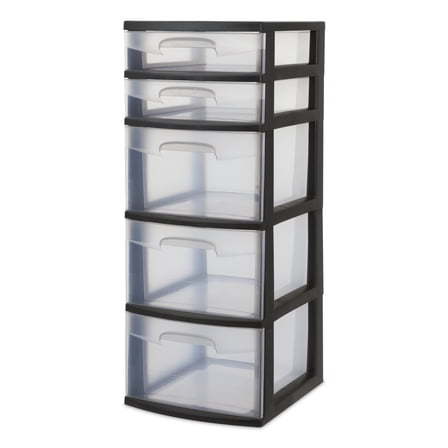 Sterilite 5 Drawer Tower, with both Shallow and Deep Clear Plastic Drawers, Black