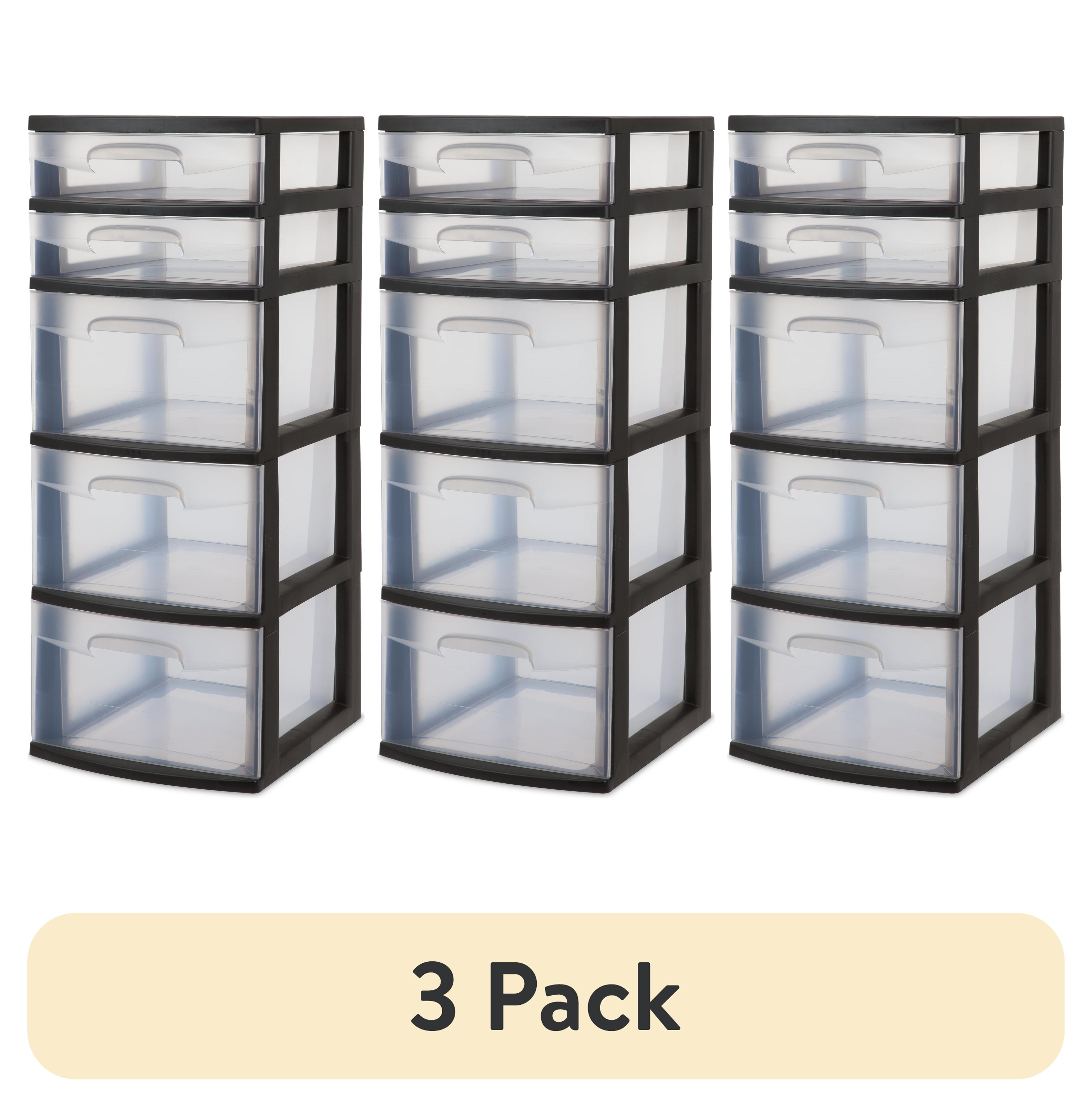 (3 pack) Sterilite 5 Drawer Tower, with both Shallow and Deep Clear Plastic Drawers, Black