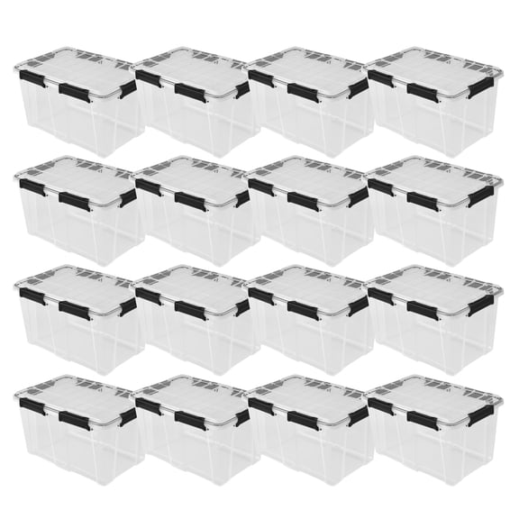 Sterilite 54 Qt Gasket Box, Stackable Plastic Storage Container with Lids, Black, 16 Pack