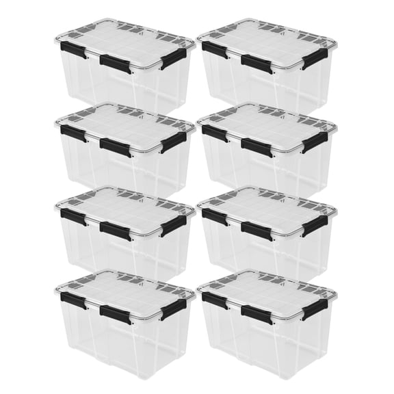 Sterilite 54 Qt Gasket Box, Stackable Plastic Storage Container with Lids, Black, 8 Pack