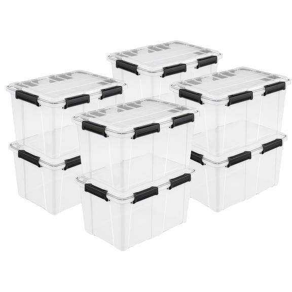 Sterilite 54 Qt Gasket Box, Stackable Plastic Storage Container with Lids, Black, 8 Pack
