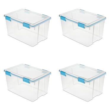 Sterilite 54 Quart Gasket Box, Weather-Resistant Clear Storage Bin with Latch Lid, Blue, 4 Count