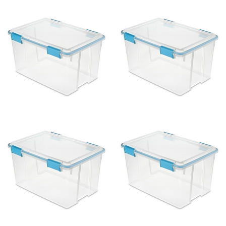 Sterilite Gasket Box, 54 Quart Clear Weather-Resistant Plastic Storage Bin with Gasket Seal and Latch Lid, Blue, 6 Pack