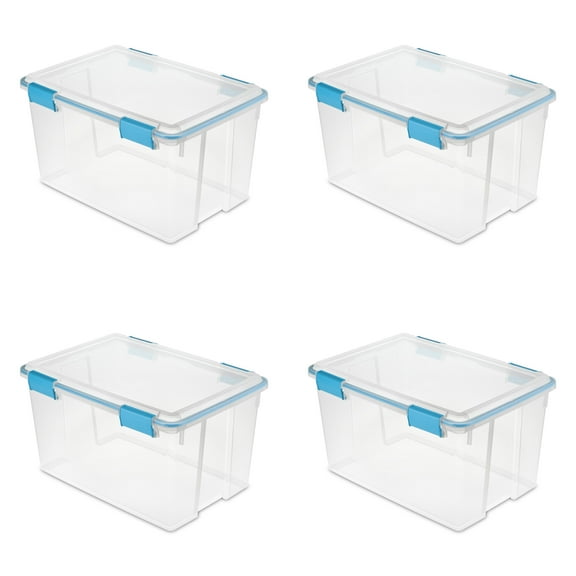 Sterilite 54 Quart Gasket Box, Weather-Resistant Clear Storage Bin with Latch Lid, Blue, 4 Count