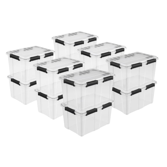 Sterilite 54 Qt Gasket Box, Stackable Plastic Storage Container with Lids, Black, 12 Pack