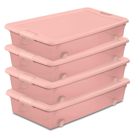 Sterilite 56 Qt Wheeled Under Bed Storage Container, Plastic Bin, Pearl Blush, 4 Pack